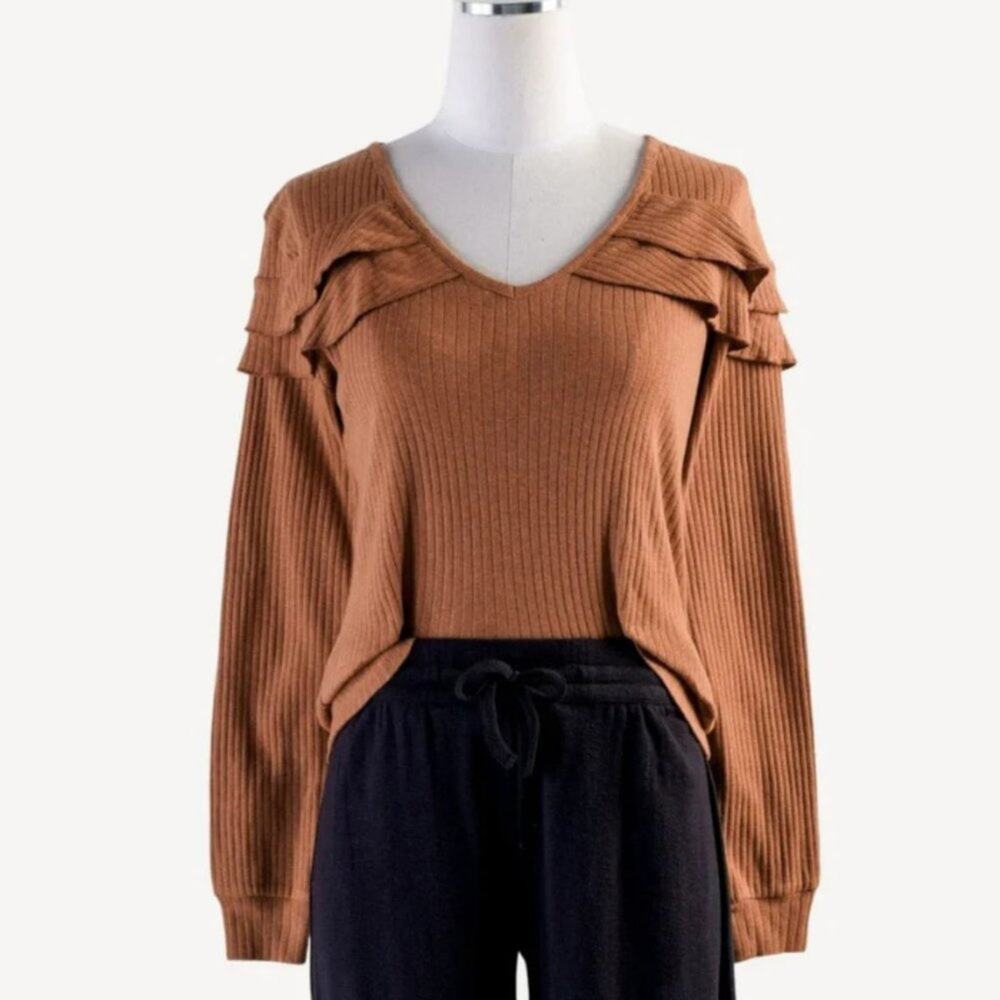 Kate Quinn Long Sleeve V-Neck Ruffle Top Rust XS NWOT